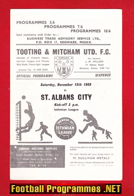 Tooting Mitcham United v St Albans City 1969