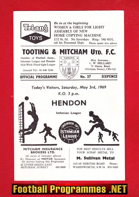 Tooting Mitcham United v Hendon 1969