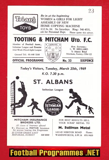 Tooting Mitcham United v St Albans City 1969