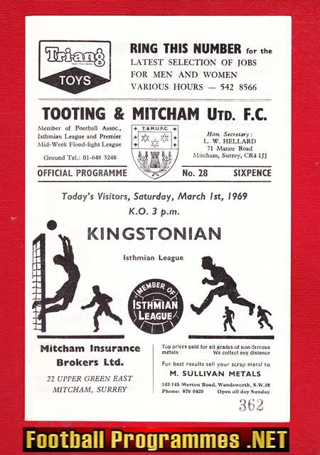 Tooting Mitcham United v Kingstonian 1969