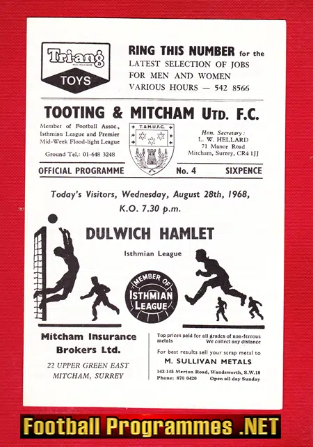 Tooting Mitcham United v Dulwich Hamlet 1968