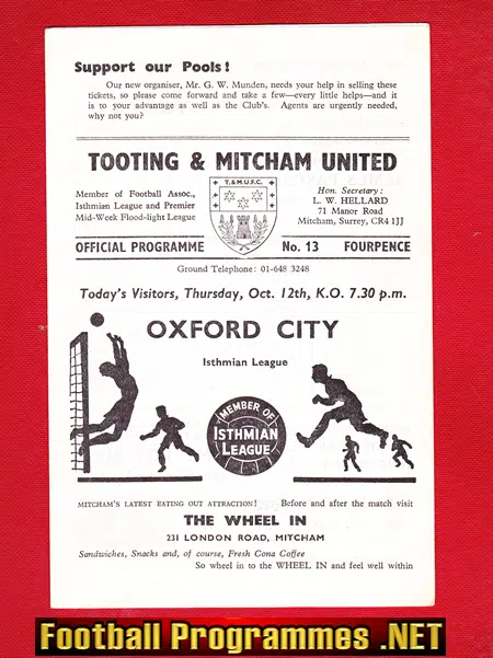 Tooting Mitcham United v Oxford City 1967