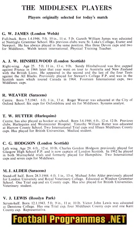 Middlesex Rugby v Warwickshire 1968 - County Championship Final