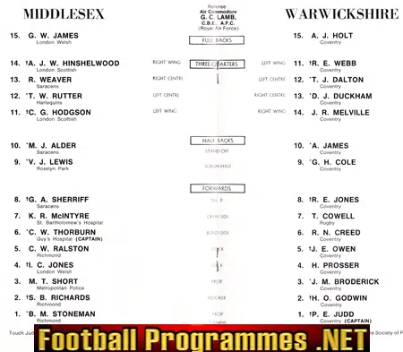 Middlesex Rugby v Warwickshire 1968 - County Championship Final
