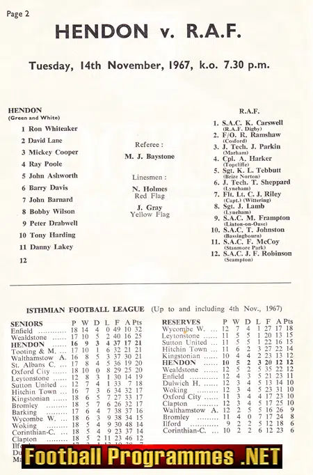 Hendon v Royal Air Force 1967 - Football Team RAF