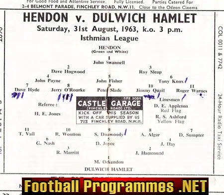 Hendon v Dulwich Hamlet 1963 - Score of - 10 - 1