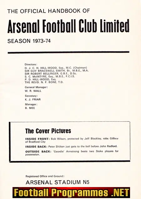 Arsenal Football Club Official Yearbook Handbook 1973 - 1974