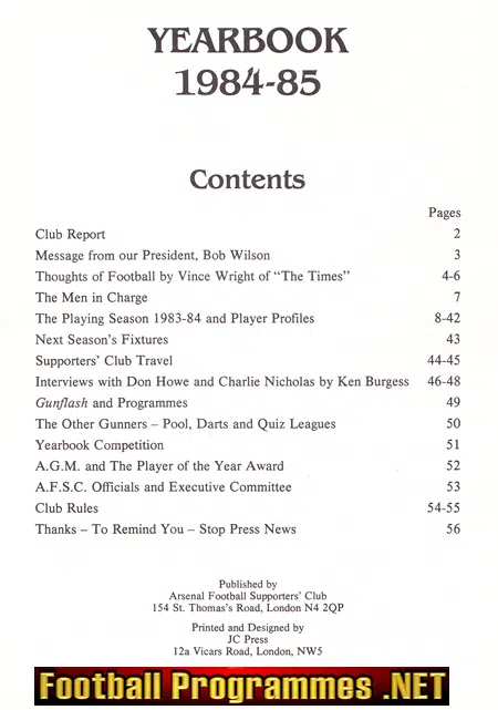 Arsenal Football Club Official Yearbook Handbook 1984 - 1985