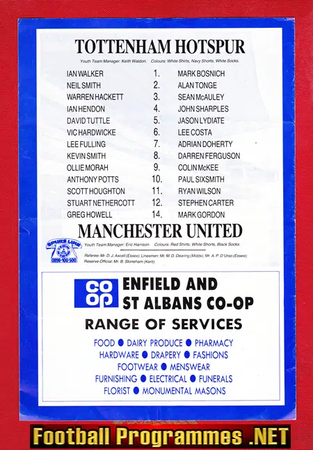 Tottenham Hotspur v Manchester United 1990 Cup Semi Final Youth