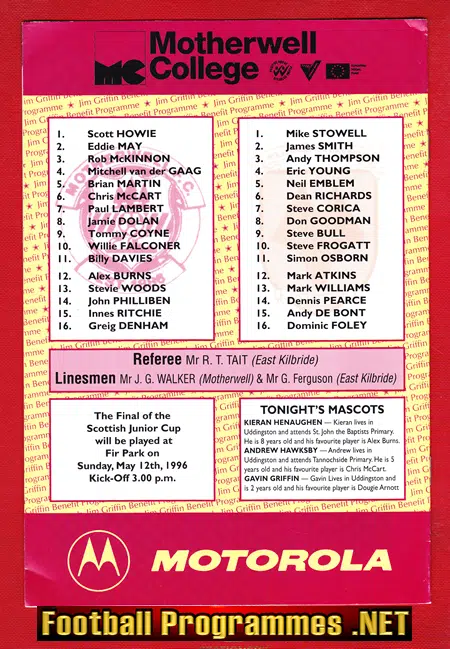 Jim Griffin Testimonial Benefit Game Motherwell 1996
