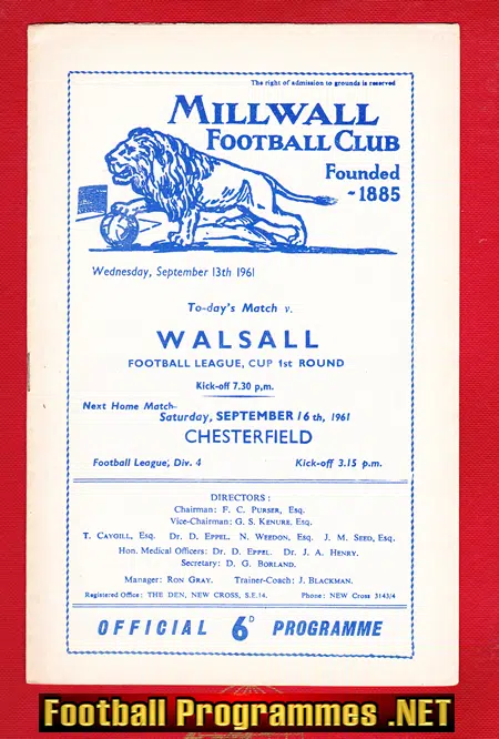 Millwall v Walsall 1961 - League Cup