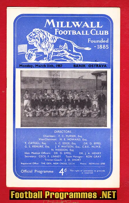 Millwall v Banik Ostrava 1957 – Friendly Match v Czech Team