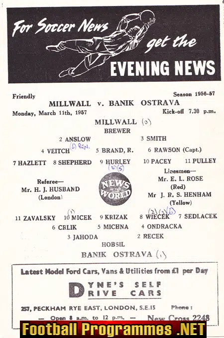 Millwall v Banik Ostrava 1957 - Friendly Match v Czech Team