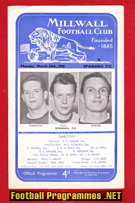 Millwall v Spandau 1958 – Germany German Team