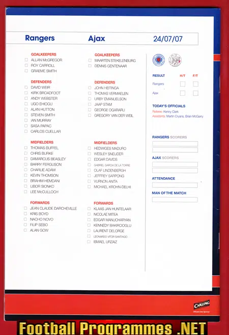 Glasgow Rangers v Ajax 2007 - Plus Team Sheet