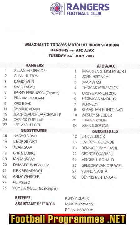 Glasgow Rangers v Ajax 2007 - Plus Team Sheet