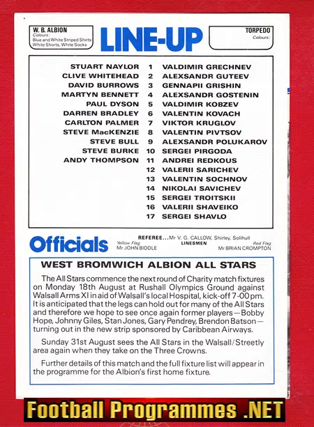 West Browmich Albion v Torpedo Moscow 1986 - Pre Season Friendly