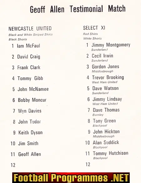 Geoff Allen Testimonial Benefit Match Newcastle United 1971