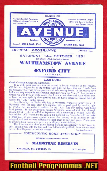Walthamstow Avenue v Oxford City 1961