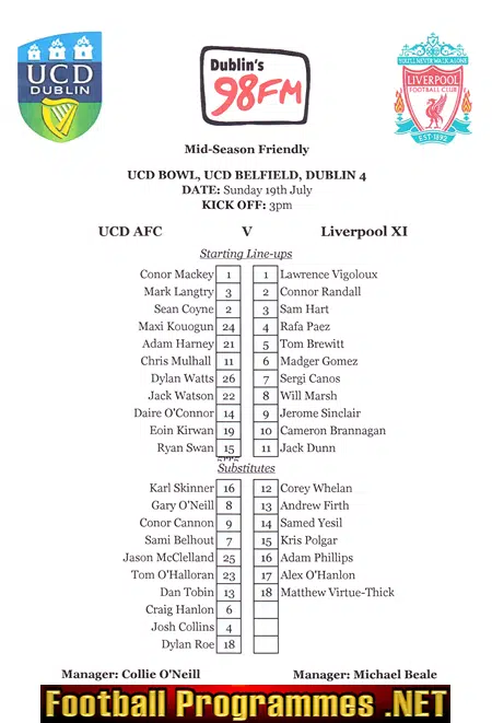 UCD v Liverpool 2015 - Football Team Sheet Belfield Dublin