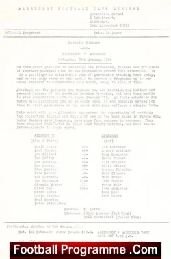 Aldershot v Aberdeen 1984 Friendly Match Single Sheet Alex Ferguson