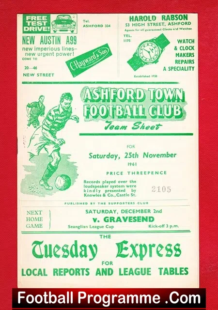 Ashford Town v Gravesend Northfleet 1961 – Seanglian League
