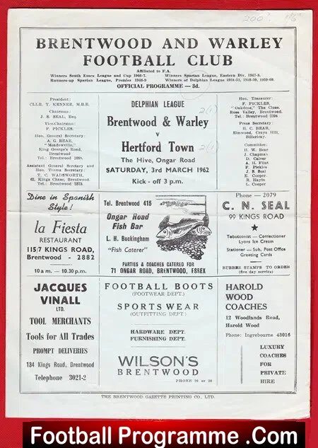 Brentwood Warley v Hertford Town 1962