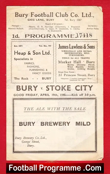 Bury v Stoke City 1946 – 1940s Football Programmes