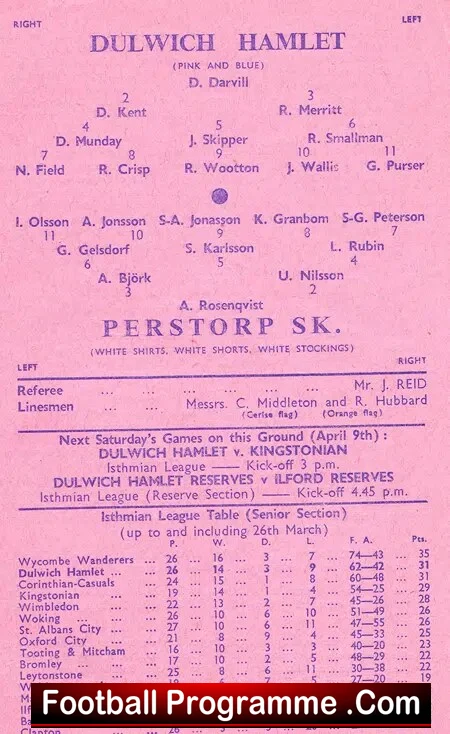 Dulwich Hamlet v Perstorp SK 1960 - Sweden Team Friendly Match