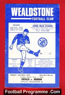 Enfield v Hendon 1972 - London Senior Cup Final Wealdstone - football programme
