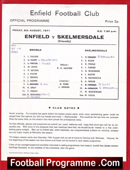 Enfield v Skelmersdale United 1971 – Friendly Match Single Sheet