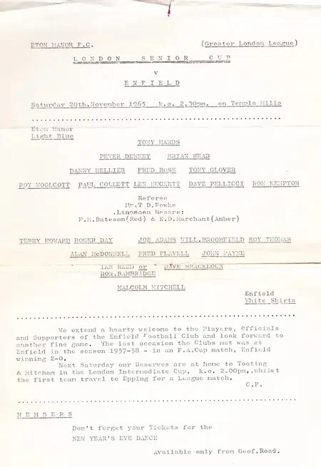 Eton Manor v Enfield 1965 – London Senior Cup – Single Sheet