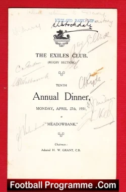 Exiles Rugby Club Annual Dinner Menu 1931 - Autographed Signed - sports memorabilia
