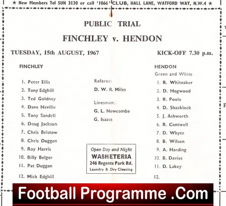 Finchley v Hendon 1967 - Public Trial Match