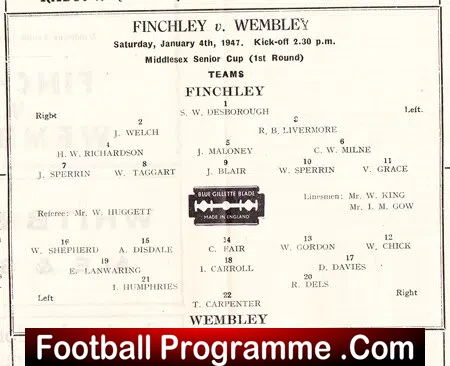 Finchley v Wembley 1947 - Middlesex Senior Cup 1940s