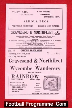 Gravesend Northfleet v Wycombe Wanderers 1962 - football programme