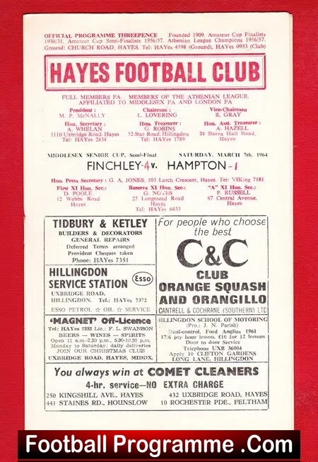 Hayes v Hampton 1964 – Middlesex Charity Cup Semi Final