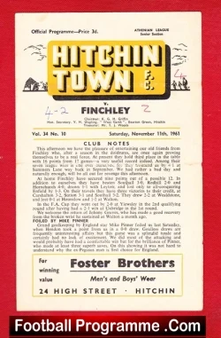 Hitchin Town v Finchley 1961 - football programme