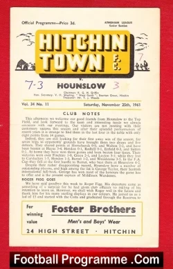 Hitchin Town v Hounslow Town 1961 - football programme