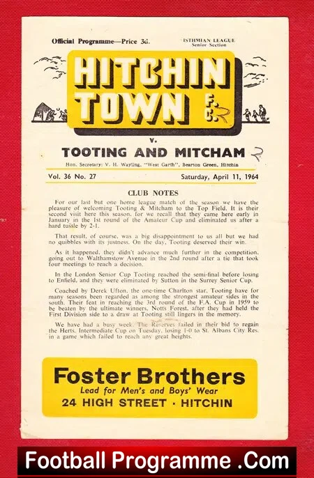 Hitchin Town v Tooting Mitcham 1964