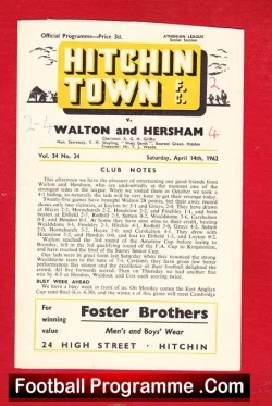 Hitchin Town v Walton Hersham 1962 - football programme