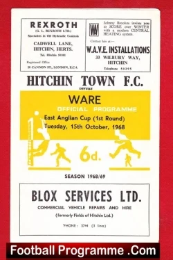 Hitchin Town v Ware 1968 - East Anglian Cup - football programme