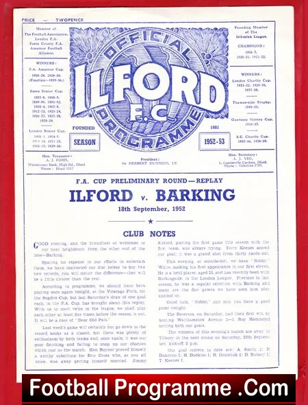Ilford v Barking 1952 – FA Cup Prelims Replay