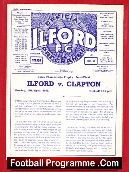 Ilford v Clapton 1955 – Essex Trophy Semi Final