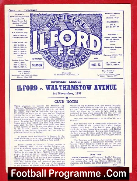 Ilford v Walthamstow Avenue 1952 – 1950s Programme