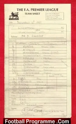 Liverpool v Manchester United 1997 - Referee Genuine Team Sheet - football memorabilia