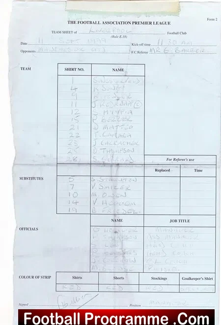 Liverpool v Manchester United 1999 – Referee Team Sheet Houllier Manager