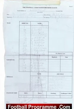 Liverpool v Manchester United 1999 – Referee Team Sheet Houllier Manager