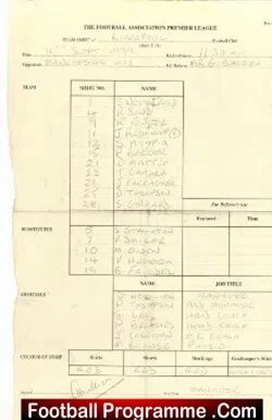 Liverpool v Manchester United 1999 – Referee Team Sheet Houllier
