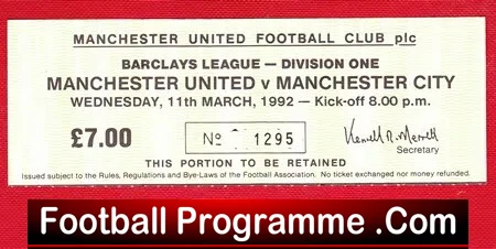 Manchester United v Manchester City 1992 – Football Ticket